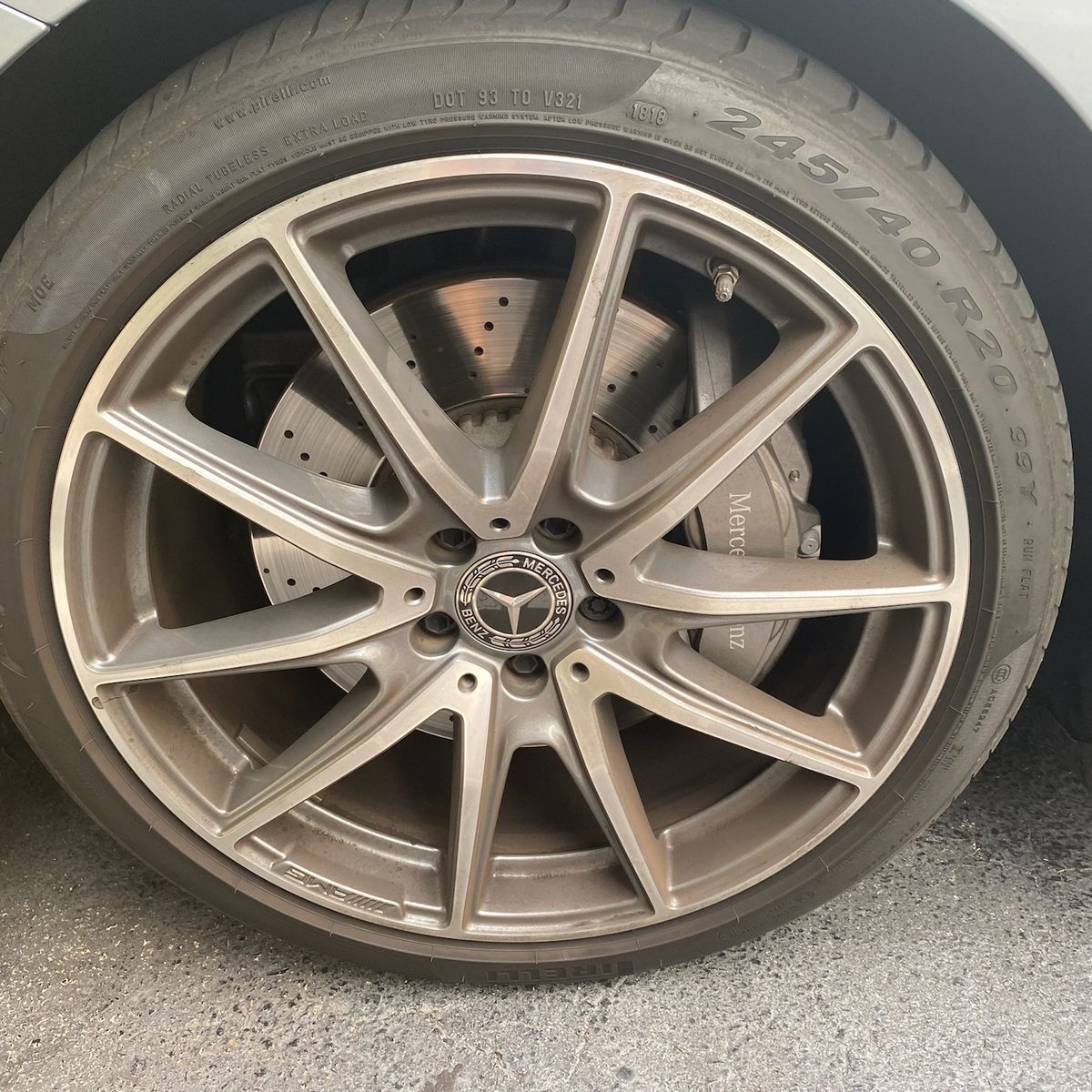 Mercedes-AMG wheel coated in brake dust before cleaning